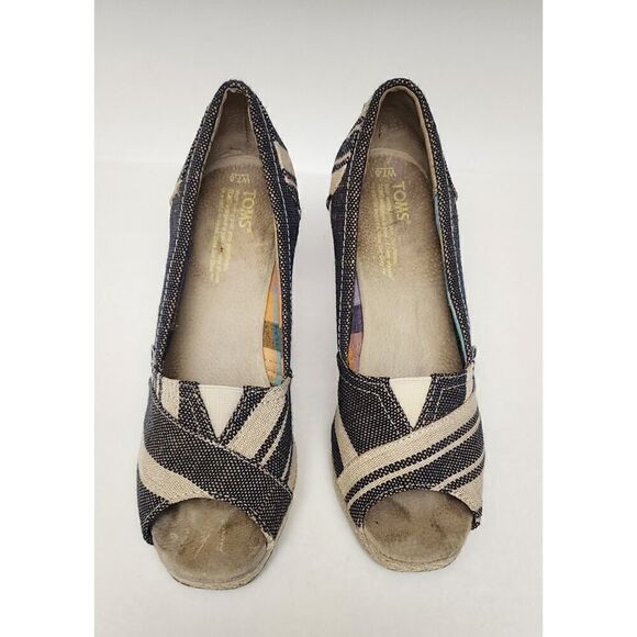 TOMS Women Peep Toe Wedge Espadrilles Blue White Stripe Canvas Shoes Size 7.5W - Picture 3 of 9